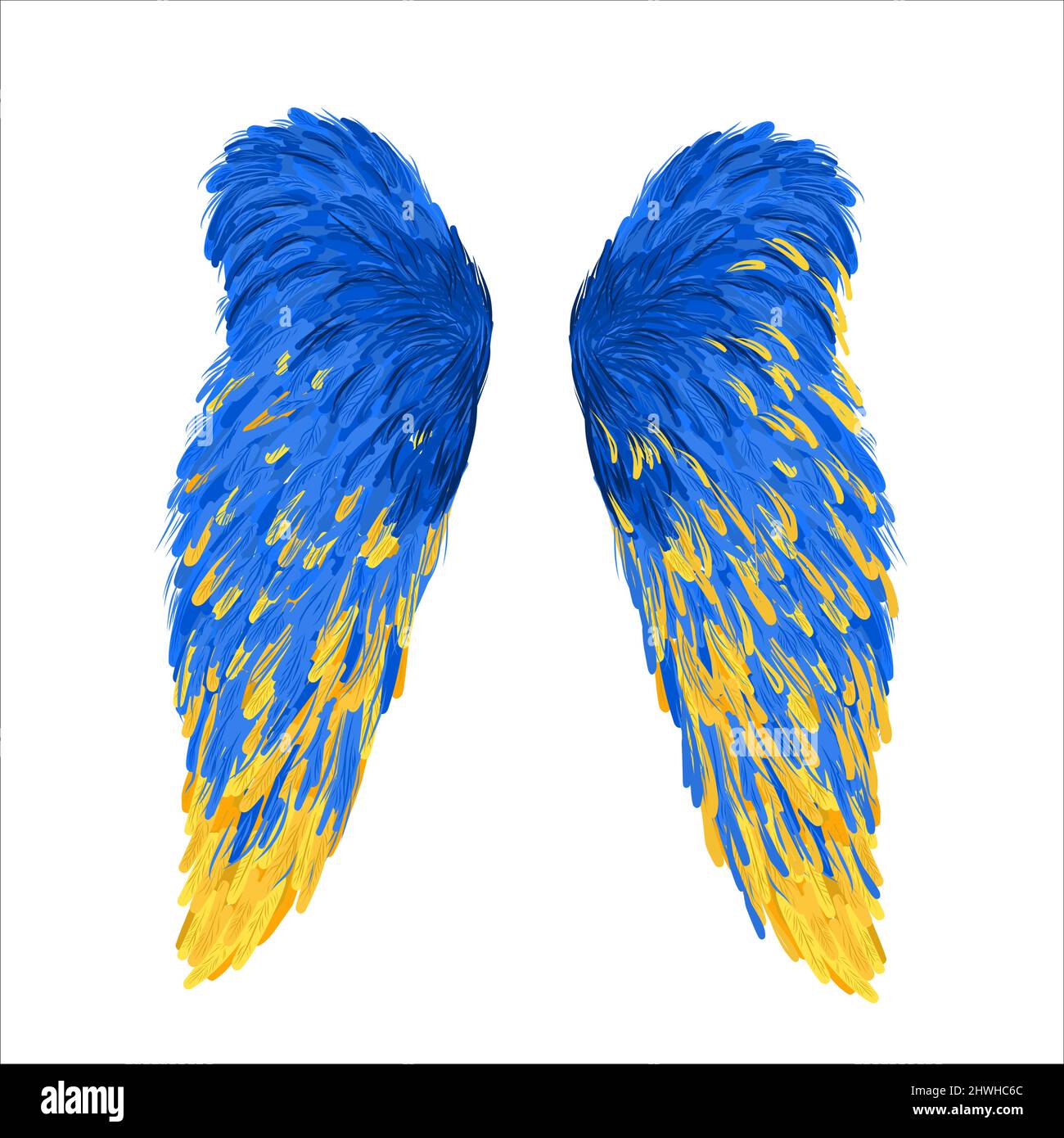 Flügel in den nationalen Farben der Ukraine. Vektor-Illustration zur Unterstützung der Ukraine. Gelbe und blaue Engelsflügel, T-Shirt-Print. Konzept, um den Krieg zu stoppen Stock Vektor