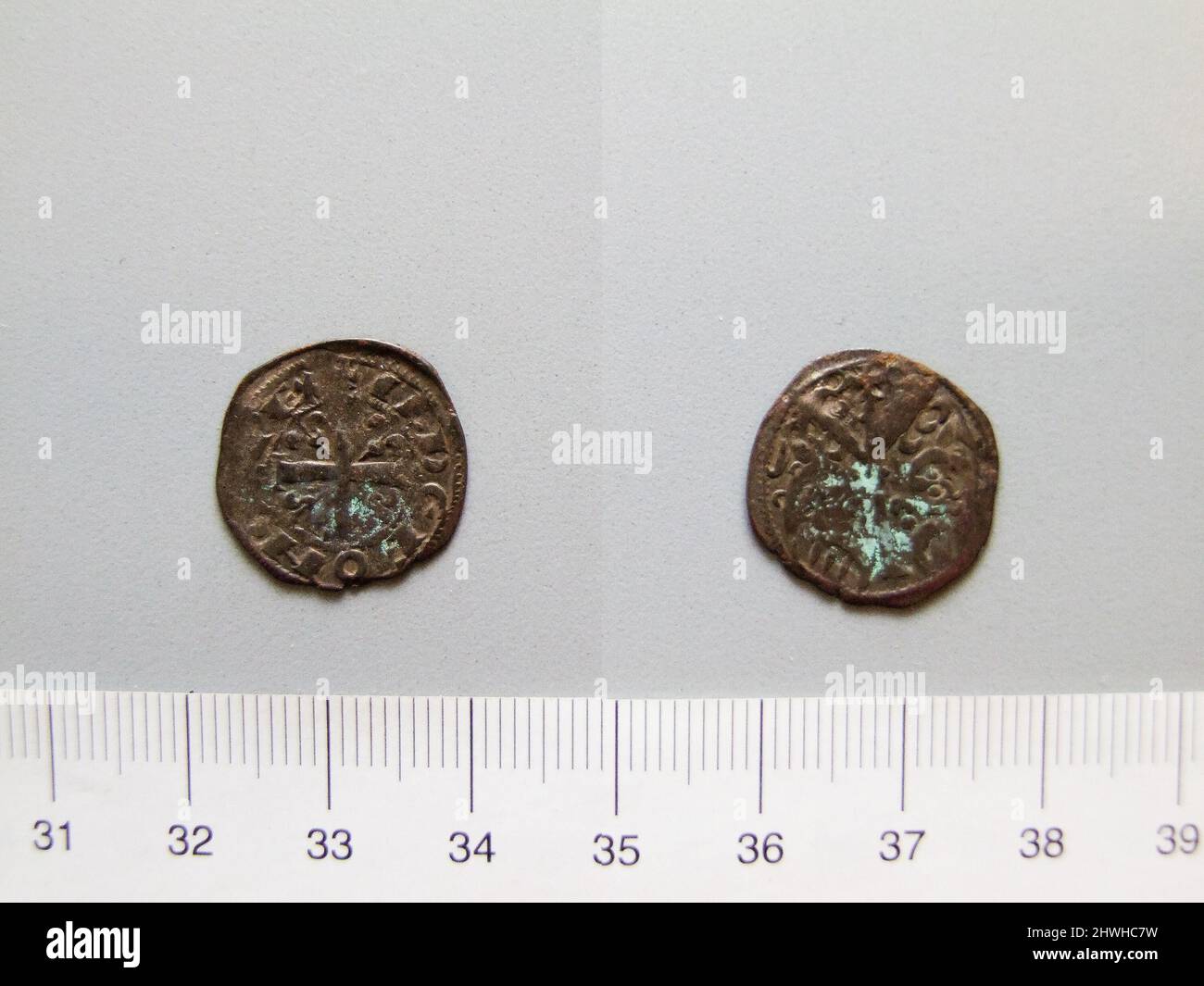 1 Dinero von Alfonso IX., König von León aus León. Herrscher: Alfonso IX, König von León, 1171–1230 Münzstätte: León Künstler: Unbekannt Stockfoto