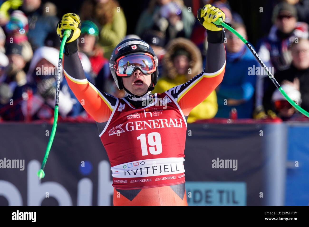 Kvitfjell 20220306.Kanadas James Crawford nach dem Super-G-Rennen während der Weltmeisterschaft im alpinen Skifahren in Kvitfjell. Foto: Erik Johansen / NTB Stockfoto