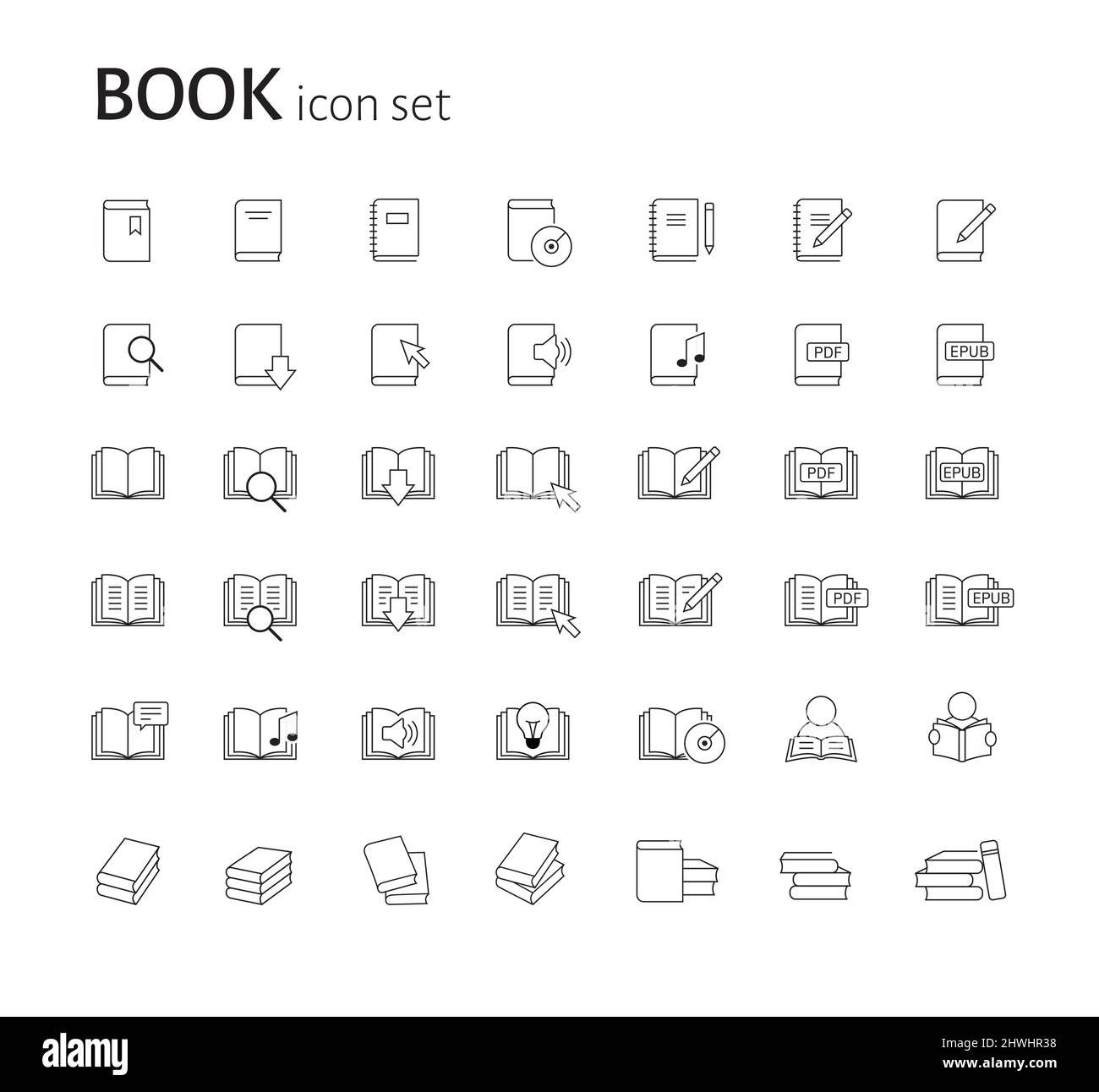 Satz flacher linearer einfacher Buchsymbole. Gruppe von Piktogrammen zum Lesen, Studieren, Information, Bildungskonzept. Vektorliniebilderung isoliert ein Stock Vektor