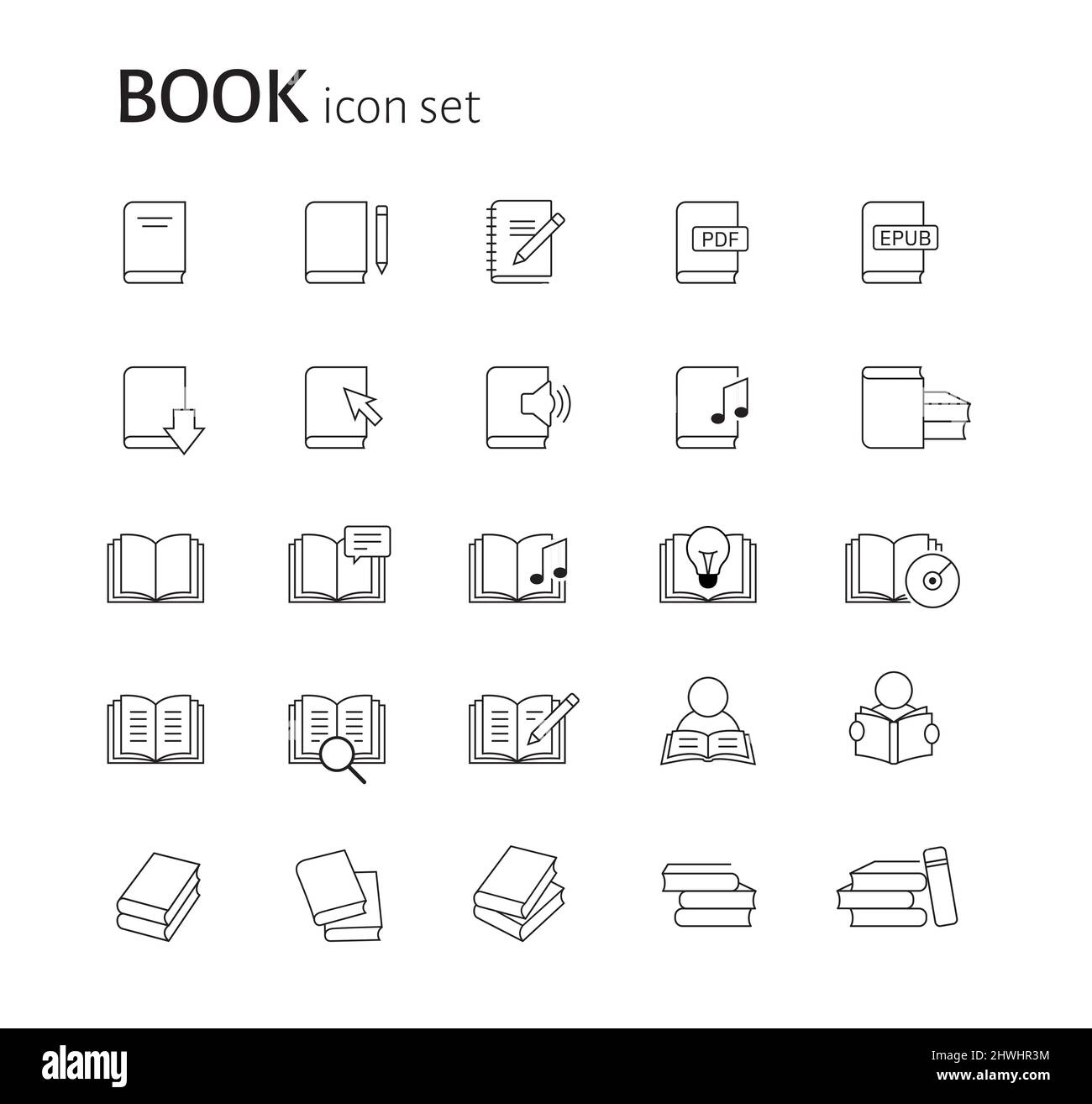 Satz flacher linearer einfacher Buchsymbole. Gruppe von Piktogrammen zum Lesen, Studieren, Information, Bildungskonzept. Vektorliniebilderung isoliert ein Stock Vektor