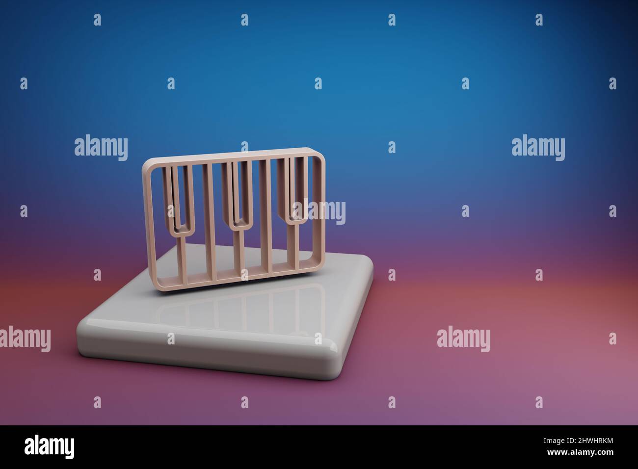 Wundervolle Klaviertasten. Schöne Symbole für Musiksymbole auf einem Keramikständer und einem hellen Hintergrund. 3D Rendering-Illustration. Hintergrundmuster für Stockfoto