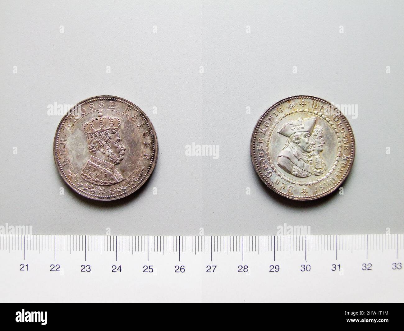 Medaille von Wilhelm I., Friedrich dem Großen und Friedrich Wilhelm dem Großen Kurfürsten. Subject: Wilhelm I., König von Preußen, 1797–1888, regierte 1861–88 Subject: Friedrich II., König von Preußen, 1712–1786, regierte 1740–86 Subject: Friedrich Wilhelm I., König von Preußen, 1688–1740, regierte 1713–40 Stockfoto