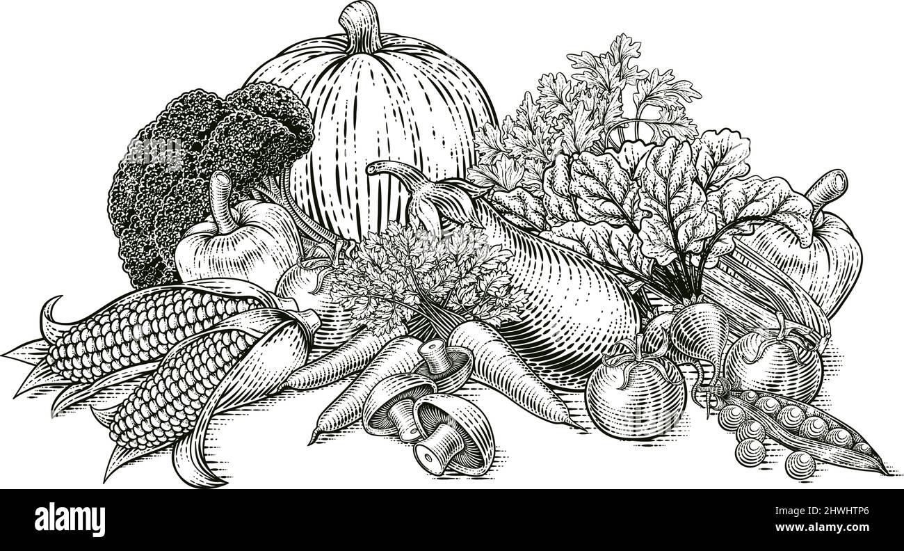 Gemüse Obst Produkte Lebensmittel Illustration Holzschnitt Stock Vektor