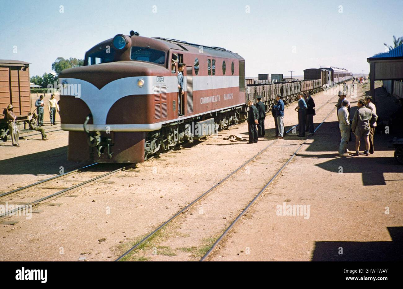 Commonwealth Railways Diesel-Lokomotivzug mit Güterwagen und Personenwagen, Alice Springs, Northern Territory, Australien 1956 Stockfoto