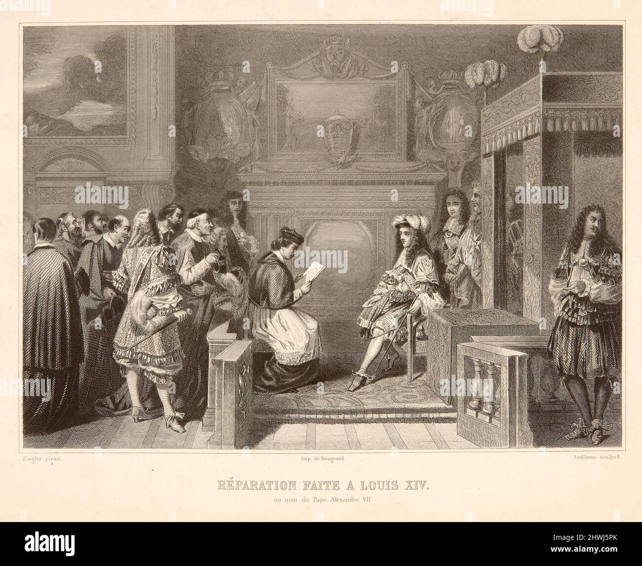 Réparation faite à Louis XIV (Reparation made to Louis XIV). Kupferstecher: François Adolphe Bruneau Audibran, französisch, 1810–1883After: Jules Claude Ziegler, französisch, 1804–1856Printer: Imprimerie de Bougeard, Paris, aktiv 19. Jahrhundert Stockfoto Réparation faite à Louis XIV (Reparation made to Louis XIV). Kupferstecher: François Adolphe Bruneau Audibran, französisch, 1810–1883After: Jules Claude Ziegler, französisch, 1804–1856Printer: Imprimerie de Bougeard, Paris, aktiv 19. Jahrhundert Stockfoto