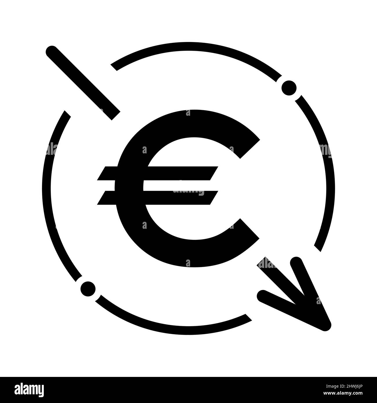 Kostensenkung – Euro-Symbol verringern. Vektor-Symbol auf dem Hintergrund isoliert . Stock Vektor