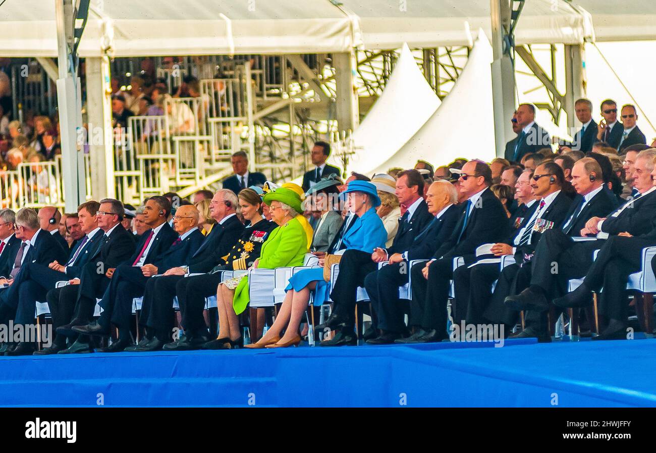 Ouistreham, Sword Beach, Normandie, Frankreich, 70.. Jahrestag der D-Day-Invasion, Gruppe von Weltführern, darunter Präsident Obama, Königin Elizabeth II. Und Vladamir Putin Stockfoto