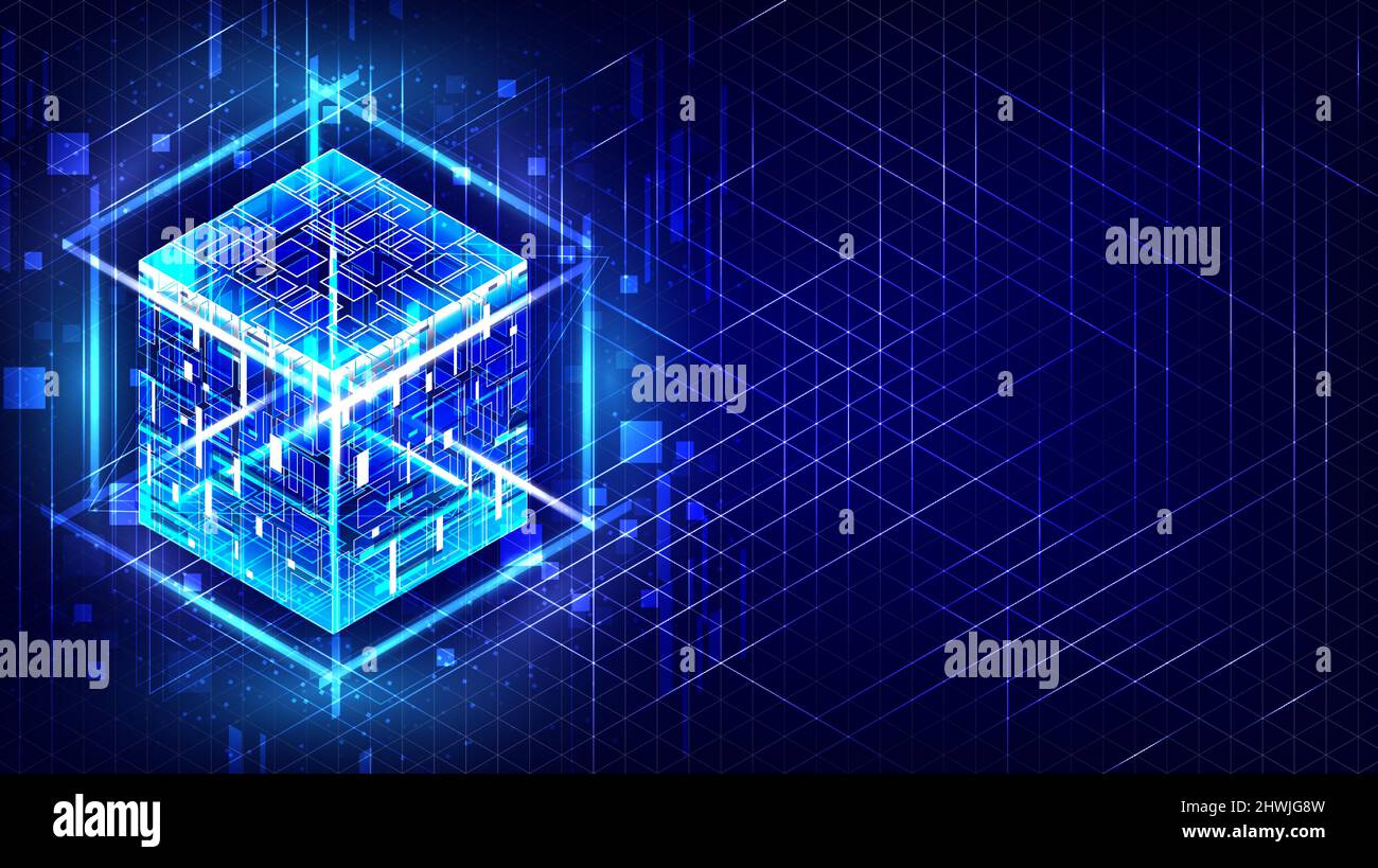 HUD-Energiebox. Smartcode. Big Data. Digitalchip. Blendgitterlinien. 3D Würfel leuchten. CPU-Kern. Abstrakter Rasterhintergrund. Computeringenieur. Blockchain Stock Vektor