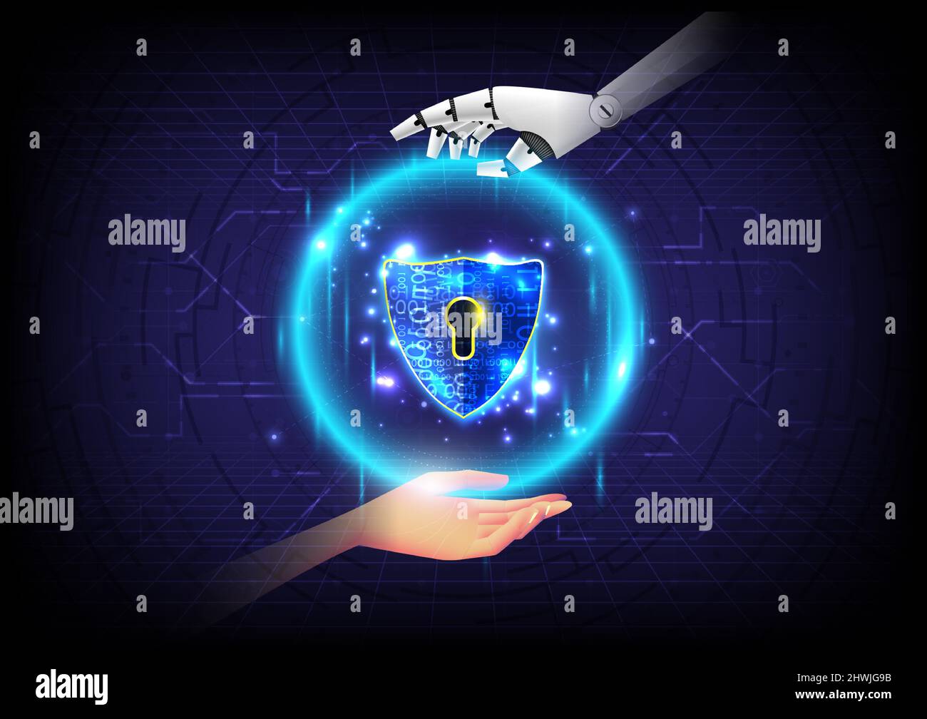 Künstliche Intelligenz der Sicherheit Datenschutz sicher. Hand von Mensch und Roboter berühren die leuchtende Kugel aus Sechseck und Schild. Hoher Computerschutz. Stock Vektor