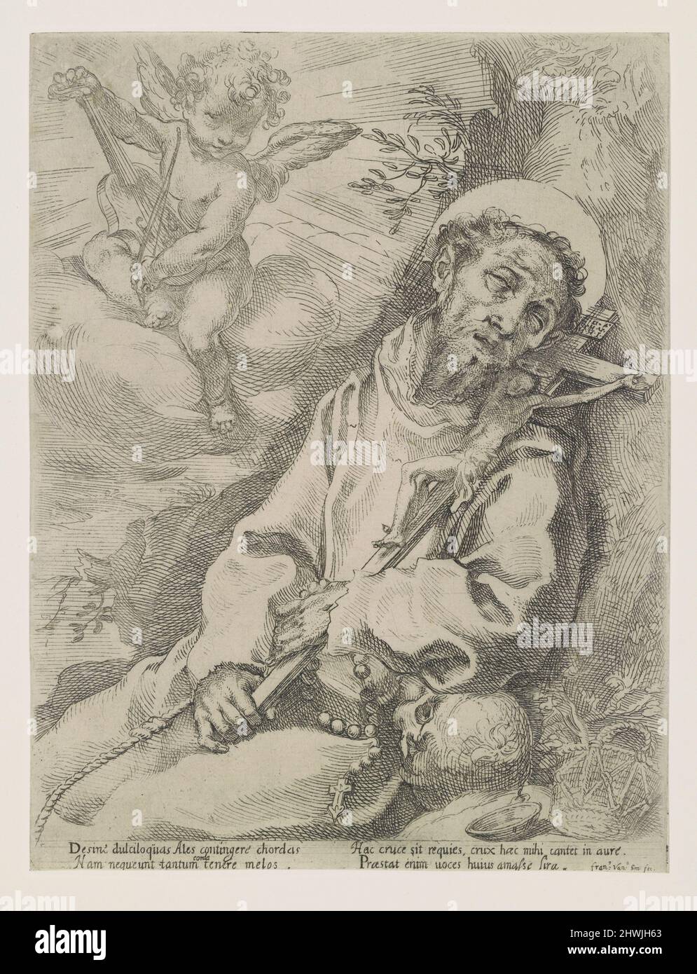 Der heilige Franziskus wird von einem musikalischen Engel getröstet. Künstler: Francesco Vanni, Italienisch, 1564–1610 Stockfoto