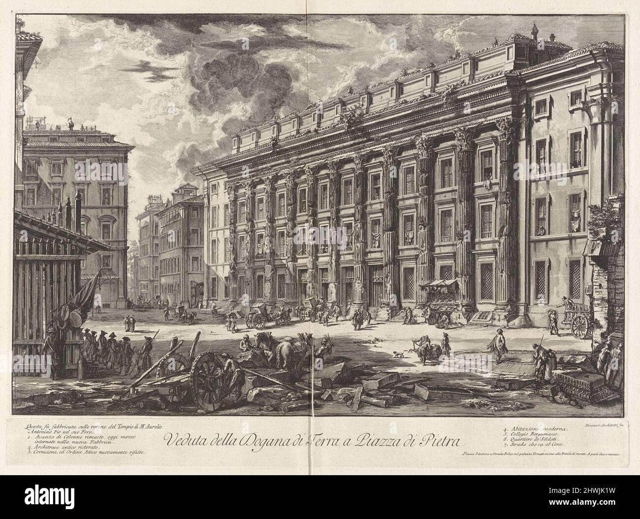 Veduta della Dogana di Terra und Piazza di Pietra. Questo Fu fabbricata sulle rovine del Tempio di M. Aurelio Antonino Pio nel suo Foro (Blick auf das Zollhaus auf der Piazza di Pietra. Sie wurde in den Ruinen des Tempels von Marcus Aurelius Antonius Pius in seinem Forum (eigentlich der Tempel des Göttlichen Hadrians) von Vedute di Roma (Ansichten von Rom) aus errichtet. Künstler: Giovanni Battista Piranesi, Italienisch, 1720–1778 Stockfoto
