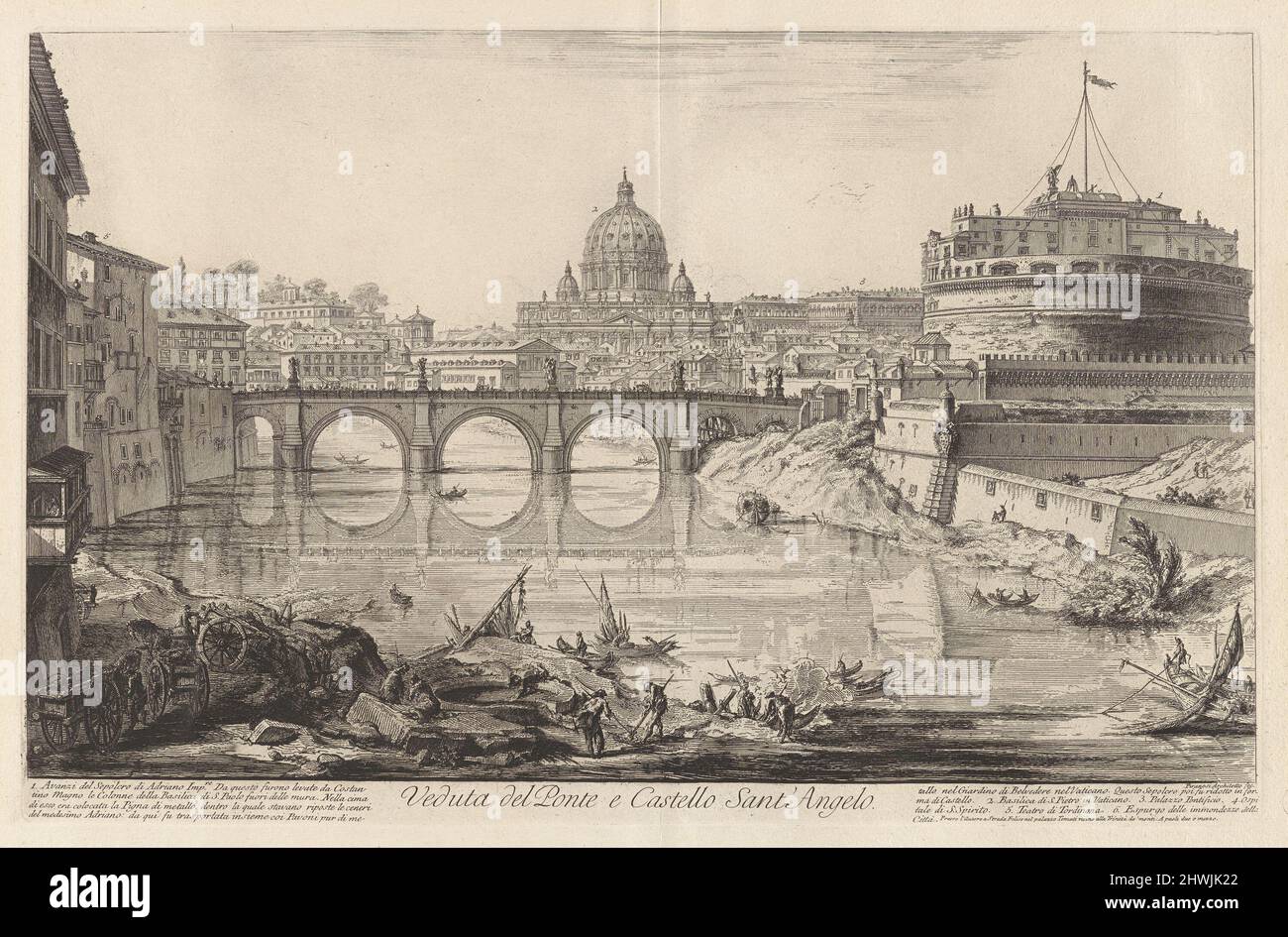 Veduta del Ponte e Castello Sant’Angelo (Blick auf die Brücke und die Engelsburg), von Vedute di Roma (Blick auf Rom). Künstler: Giovanni Battista Piranesi, Italienisch, 1720–1778 Stockfoto