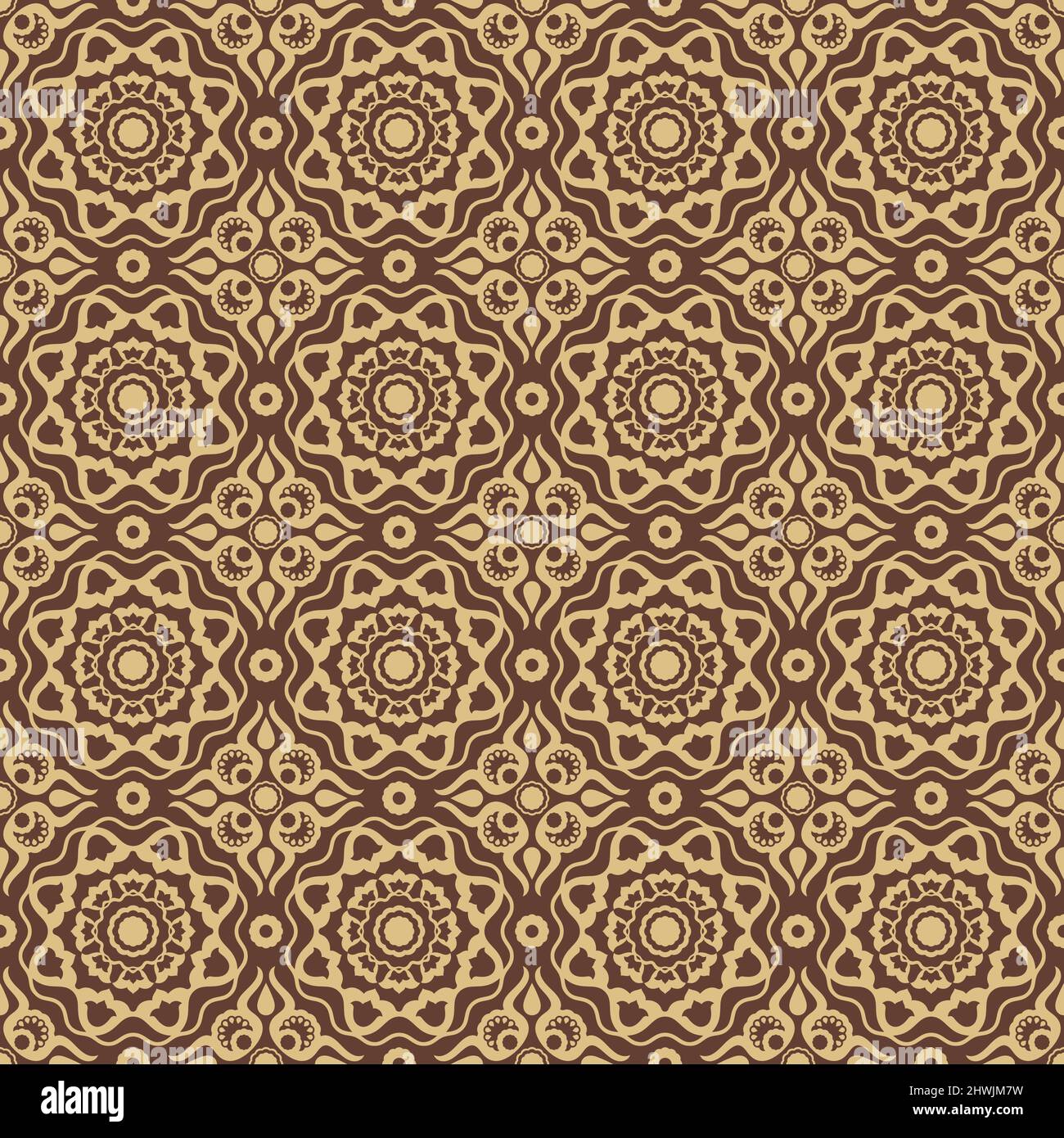 Nahtloses ornamentales Vektor-Muster in goldener Farbe mit orientalischem osmanischen Kaftan-Stil mit stilisierten Tulpenmotiven. Für Kleidung, Stoffdrucke, Stock Vektor