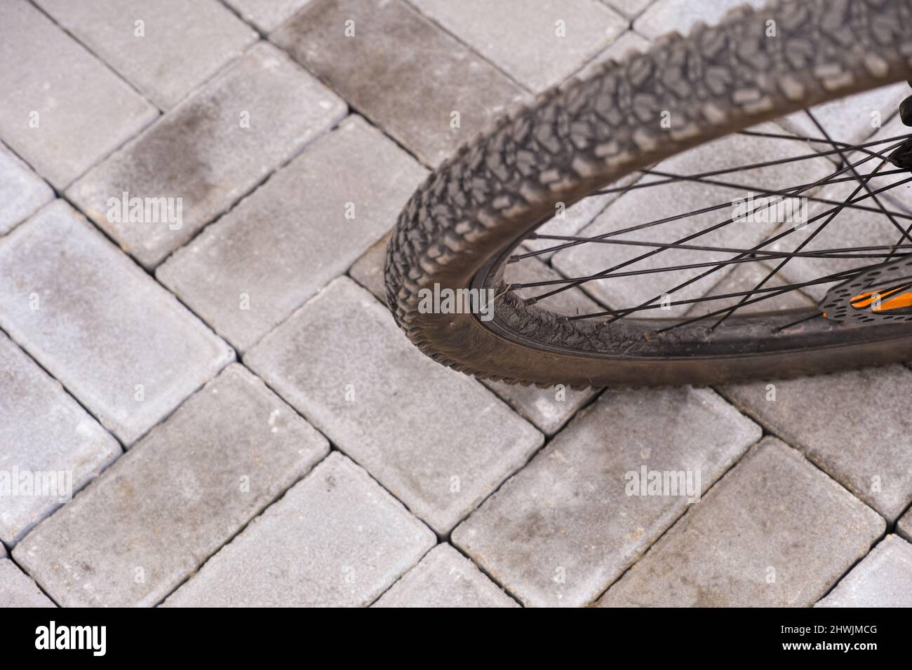 Nahaufnahme eines Fahrradrades auf einer Pflasterplatte. Stockfoto