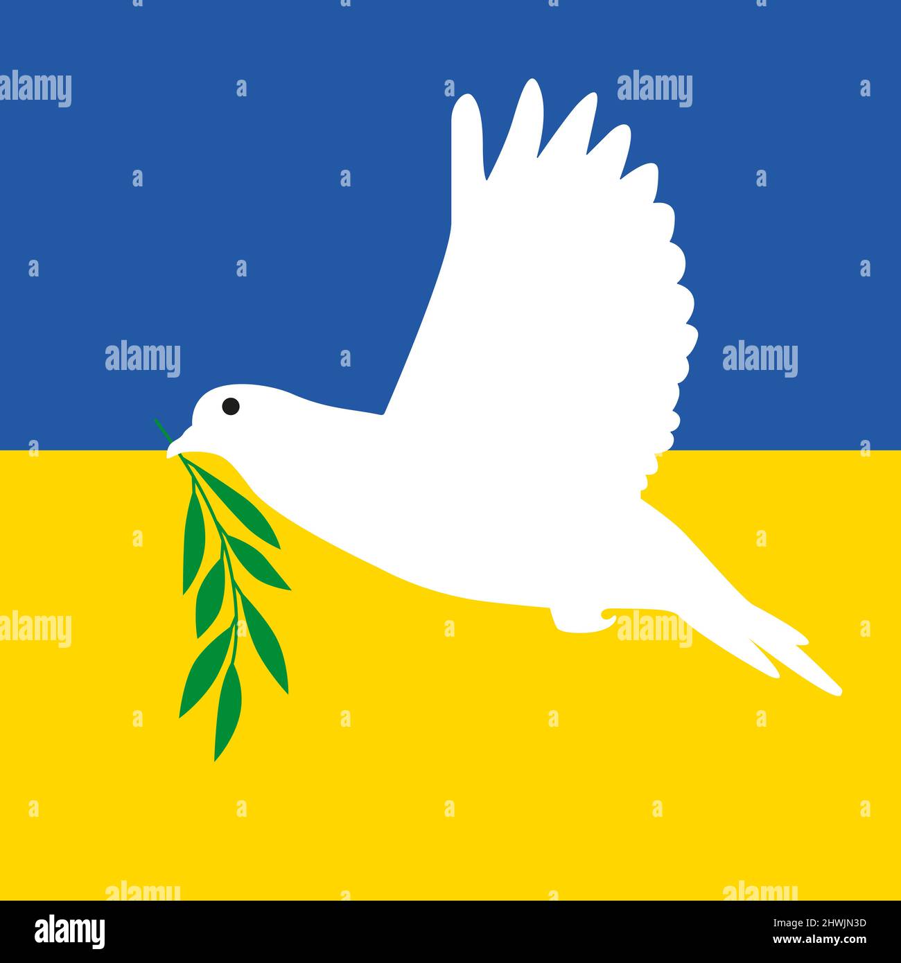 Weiße Taube mit Olivenzweig auf Ukraine-Flagge. Stock Vektor