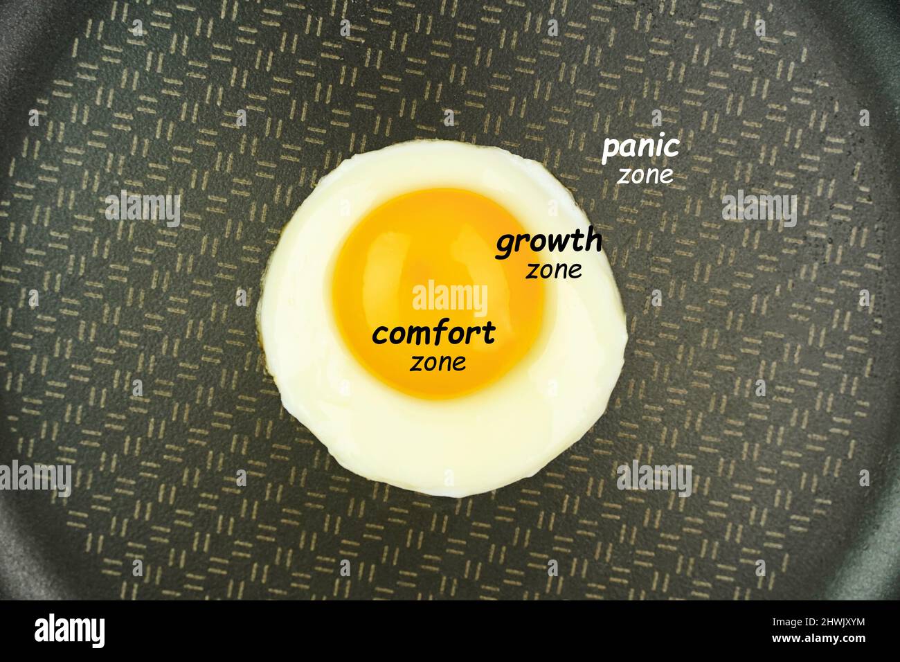 Gebratenes Ei in einer Pfanne. Komfortzone. Wachstumszone. Panikbereich. Konzept Stockfoto