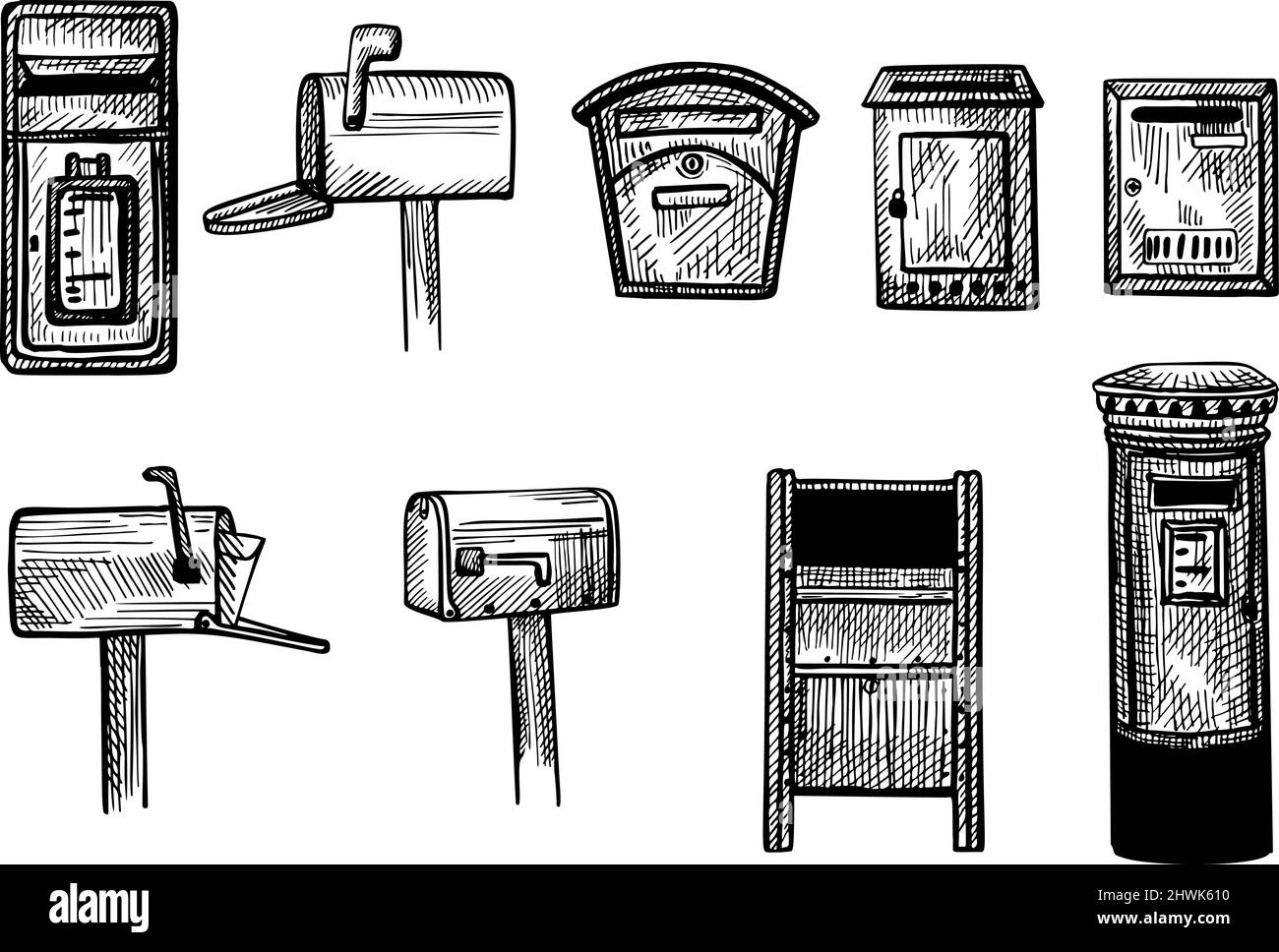 Postfächer isoliert skizzieren. Vintage Briefkästen im handgezeichneten Stil. Gravierte Design-Mail-Slot für Poster, Druck, Buchillustration, Logo, Symbol, Stock Vektor