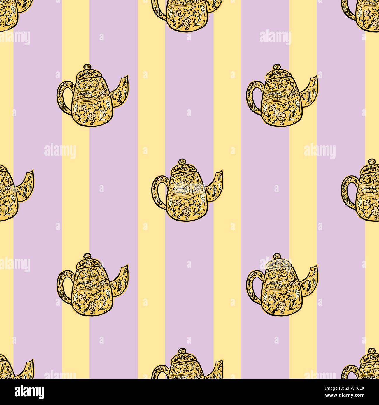 Vintage Teekannen nahtloses Muster. Hintergrund der Teatime im handgezeichneten Stil. Wiederholte Textur im Doodle-Stil für Stoff, Geschenkpapier, Tapete, T Stock Vektor