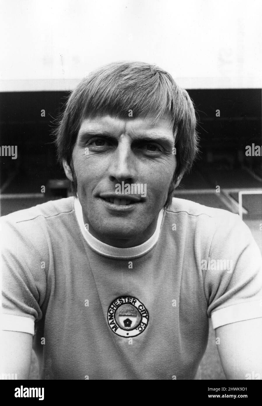 Alan Oakes Manchester City Fußballspieler, Pre Season Photocall, Juli 1973. Stockfoto