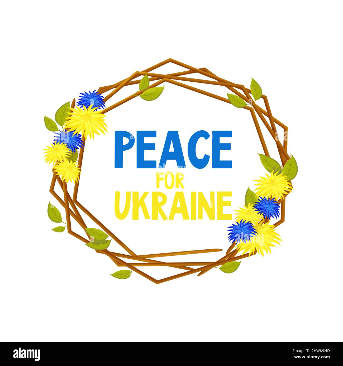 Ukrainischer Rahmen aus Stäben mit Blumen Text Frieden für die Ukraine mit zwei Farben blau und gelb im Cartoon-Stil. Elemente für das Design. . Vektorgrafik Stock Vektor