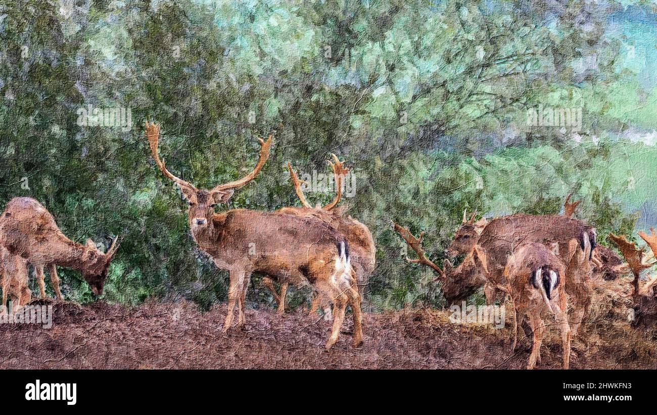 Rentierherde in ihrem Lebensraum, Rentiere mit verrückter Hintergrundkulisse, Ölgemälde Stil Stockfoto