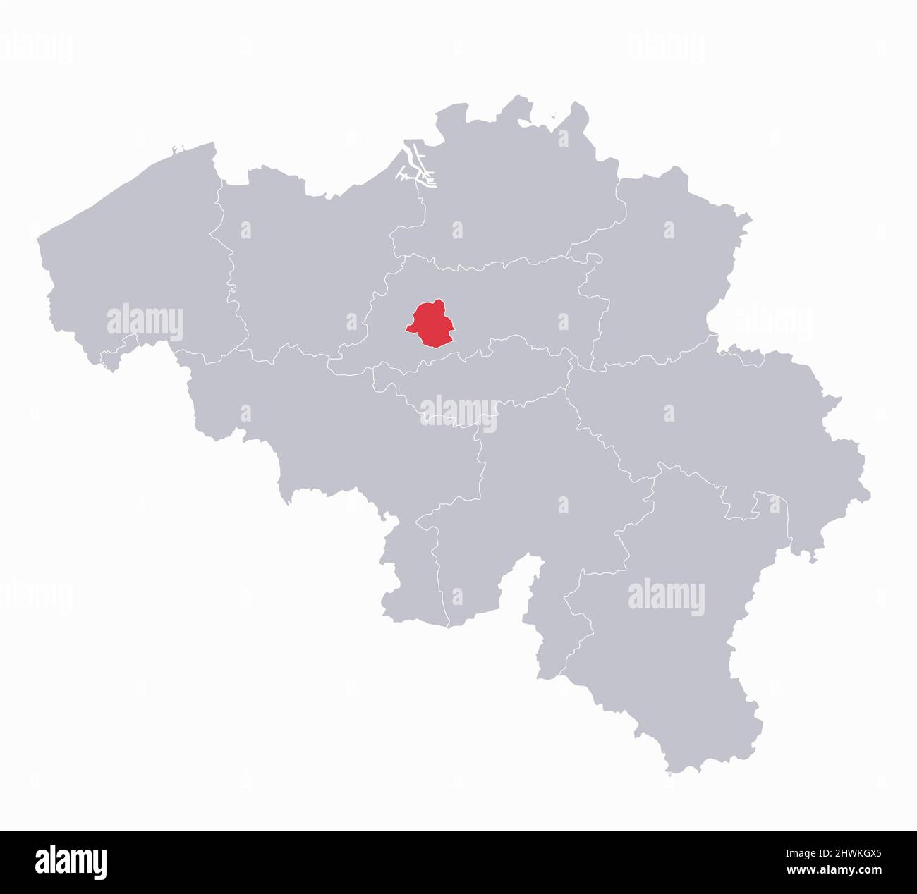 Belgische Landkarte, Regionen und Hauptstadt, grau auf weißem Hintergrund, leer Stockfoto