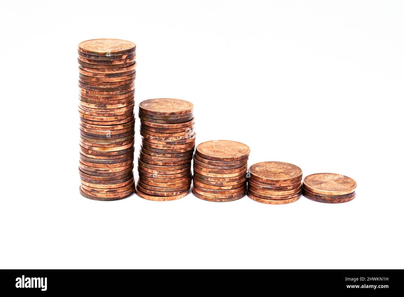 Stapel von Kupfermünzen, die in der Höhe abnehmen. Symbolisch für Währungsabwertung oder Inflation. Stockfoto
