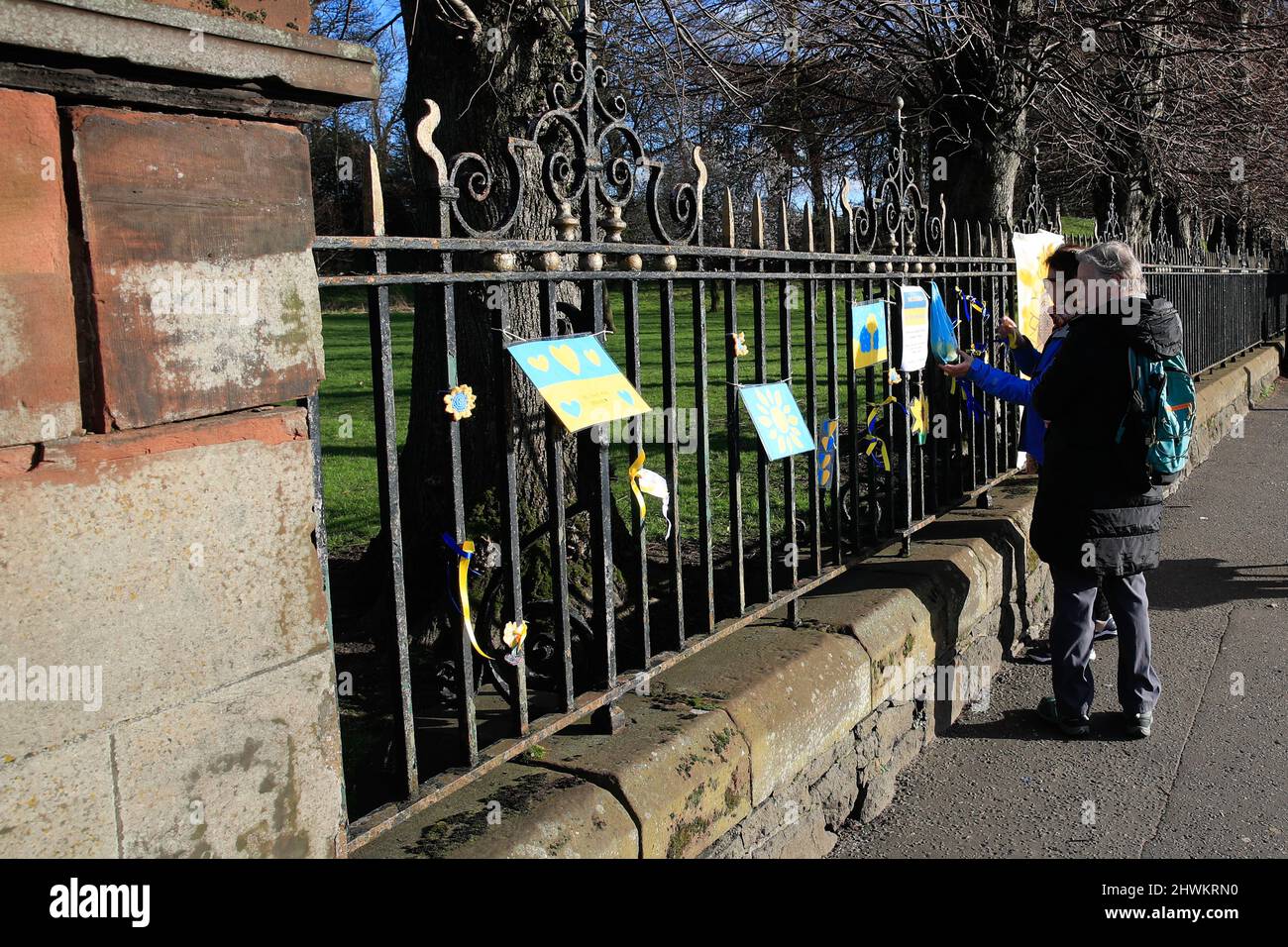 Belfast, Großbritannien. 06. März 2022. 6.. März 2022. Zwei große ukrainische Flaggen wurden zur Unterstützung des ukrainischen Volkes an die Tore des Ormeau Parks in Belfast gebunden. Menschen befestigten blaue und gelbe Ribbons an den Zaun, um Solidarität zu zeigen Kredit: Bonzo/Alamy Live News Stockfoto
