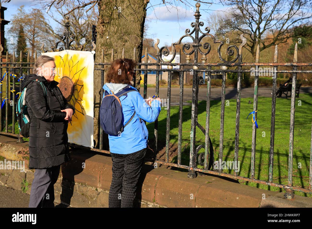 Belfast, Großbritannien. 06. März 2022. 6.. März 2022. Zwei große ukrainische Flaggen wurden zur Unterstützung des ukrainischen Volkes an die Tore des Ormeau Parks in Belfast gebunden. Menschen befestigten blaue und gelbe Ribbons an den Zaun, um Solidarität zu zeigen Kredit: Bonzo/Alamy Live News Stockfoto