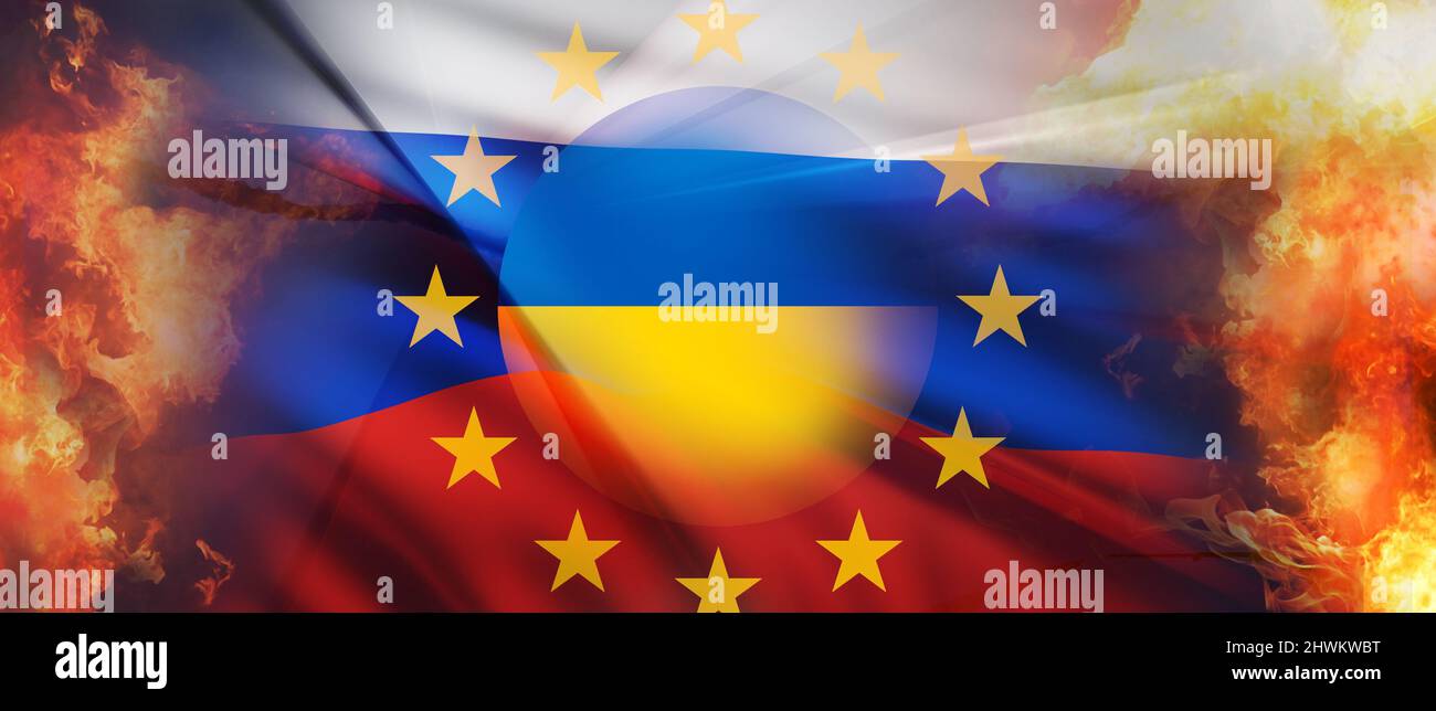 Ukraine rund Symbol und Sterne der Flagge Europas und Flagge Russlands ...