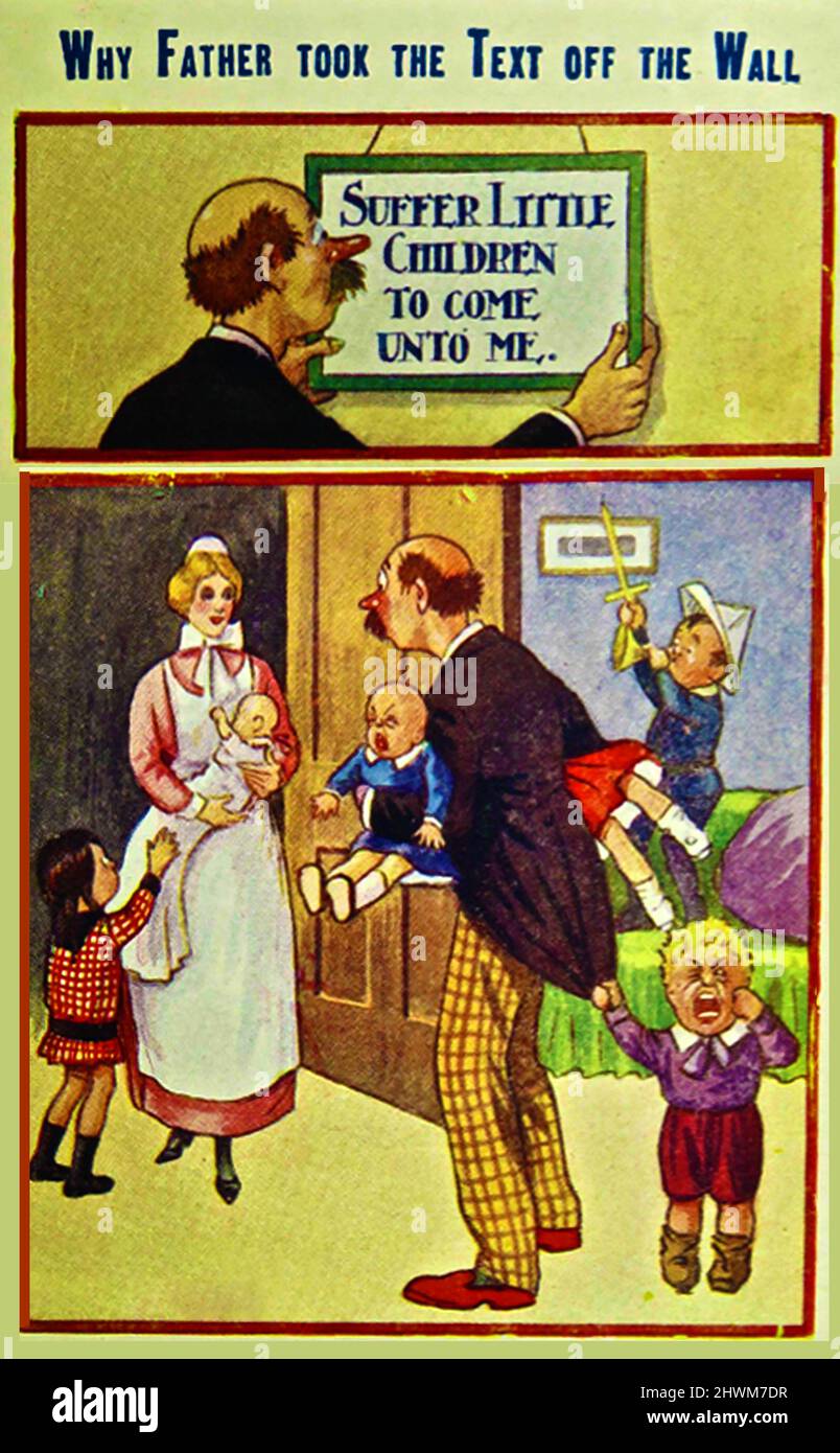 die comic-Postkarte aus dem jahr C1900 betont, dass große Familien, die keine zuverlässigen Verhütungsmittel hatten, während des 19.. Und frühen 20.. Jahrhunderts sogar in reichen Familien üblich waren. Stockfoto