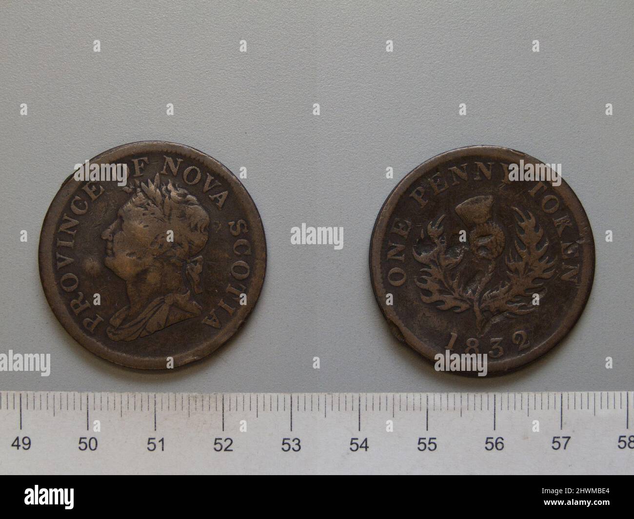 1-Cent-Marke aus Nova Scotia. Betrifft: William IV., König von Großbritannien, 1765–1837 Münzstätte: Birmingham Mint, England Stockfoto