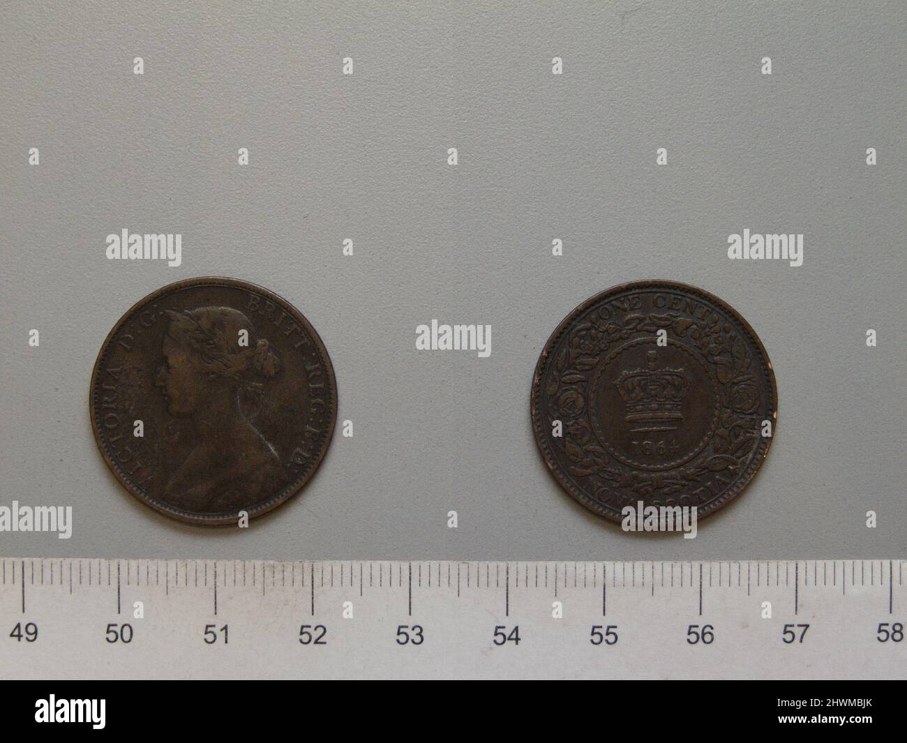 1 Cent mit Victoria, Königin von Großbritannien. Subject: Victoria, Queen of Great Britain, British, 1819–1901, regierte 1837–1901 Künstler: Leonard Charles Wyon, British, 1826–1891 Künstler: Charles F. Hill, Active ca. 1845 - 1850 Stockfoto