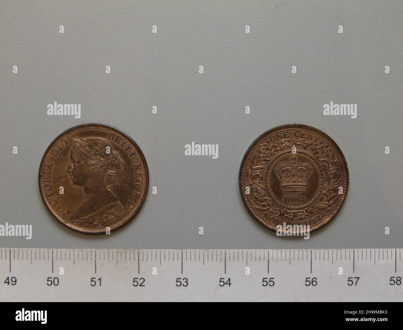1 Cent mit Victoria, Königin von Großbritannien. Subject: Victoria, Queen of Great Britain, British, 1819–1901, regierte 1837–1901 Künstler: Leonard Charles Wyon, British, 1826–1891 Künstler: Charles F. Hill, Active ca. 1845 - 1850 Stockfoto