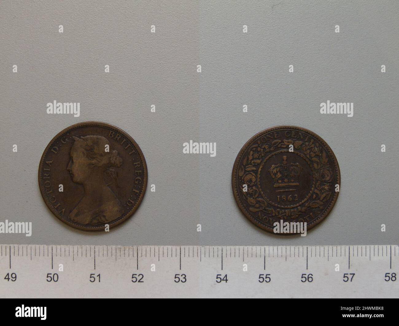 1 Cent mit Victoria, Königin von Großbritannien. Subject: Victoria, Queen of Great Britain, British, 1819–1901, regierte 1837–1901 Künstler: Leonard Charles Wyon, British, 1826–1891 Künstler: Charles F. Hill, Active ca. 1845 - 1850 Stockfoto