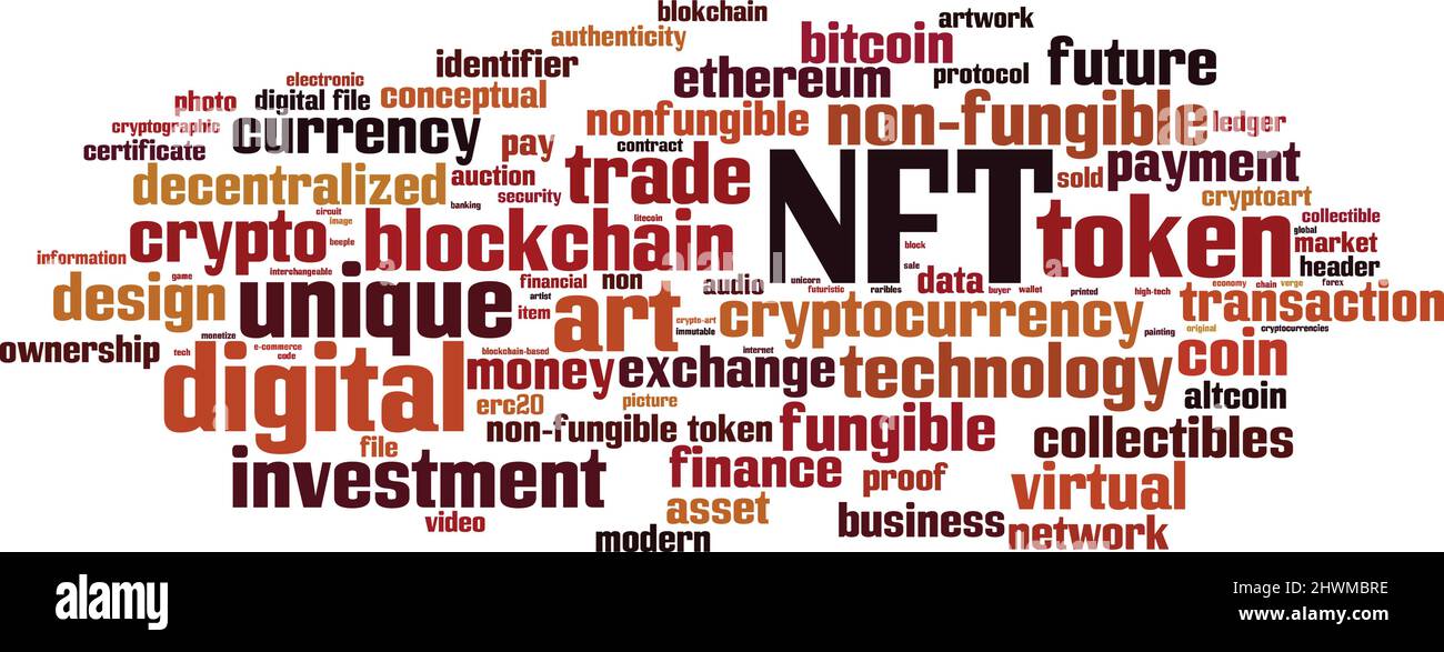NFT Word Cloud-Konzept. Collage aus Worten über NFT. Vektorgrafik Stock Vektor