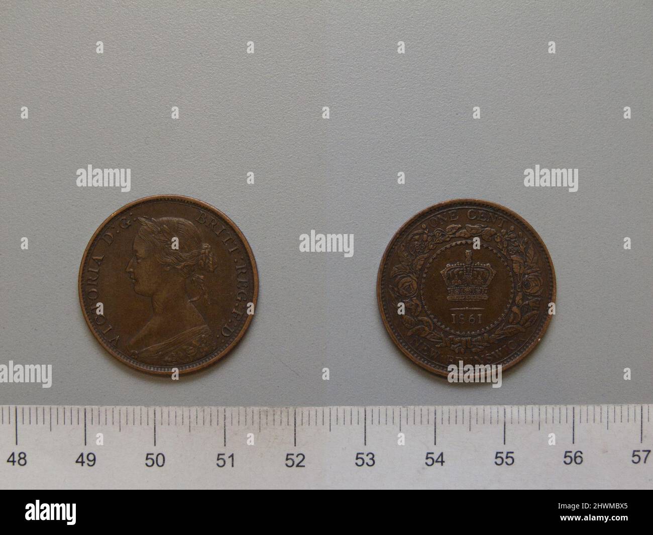 1 Cent mit Victoria, Königin von Großbritannien. Subject: Victoria, Queen of Great Britain, British, 1819–1901, regierte 1837–1901 Künstler: Leonard Charles Wyon, British, 1826–1891 Künstler: Charles F. Hill, Active ca. 1845 - 1850 Stockfoto
