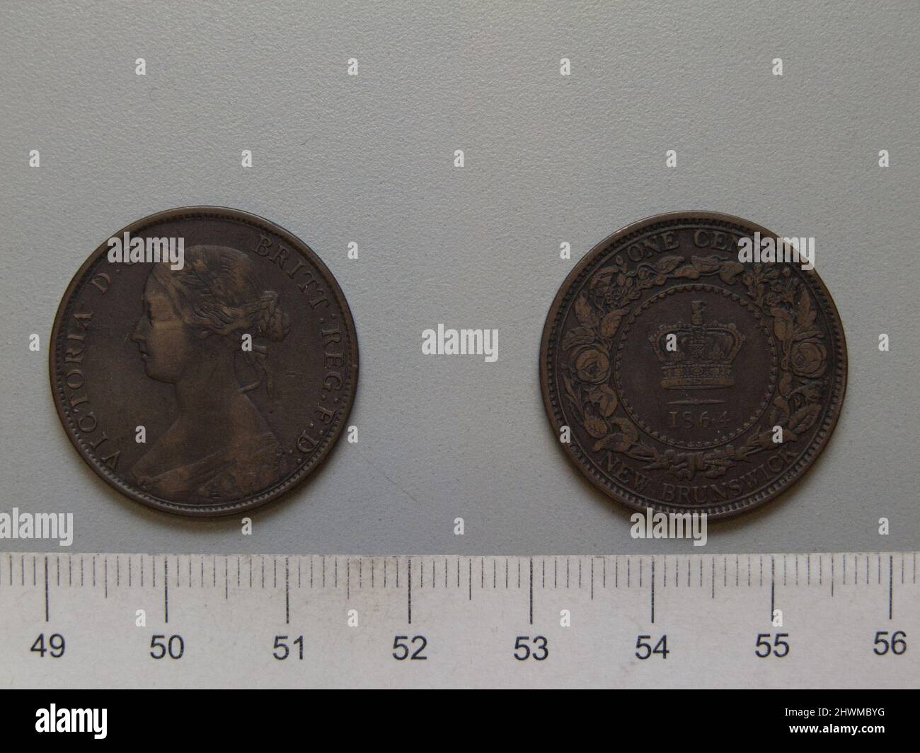 1 Cent mit Victoria, Königin von Großbritannien. Subject: Victoria, Queen of Great Britain, British, 1819–1901, regierte 1837–1901 Künstler: Leonard Charles Wyon, British, 1826–1891 Künstler: Charles F. Hill, Active ca. 1845 - 1850 Stockfoto