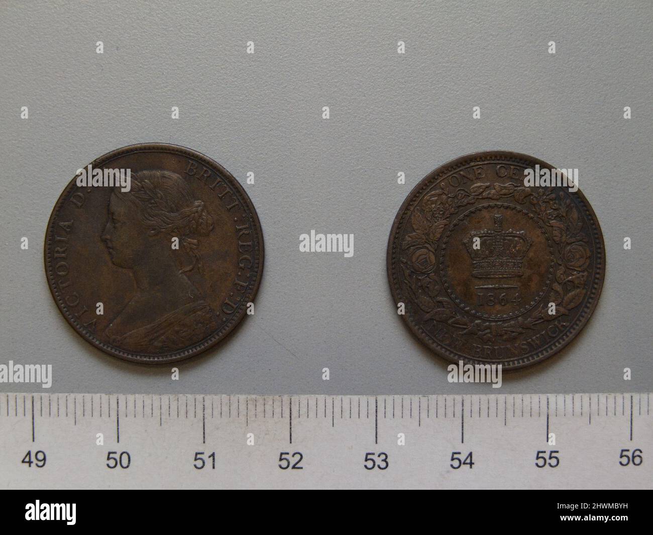 1 Cent mit Victoria, Königin von Großbritannien. Subject: Victoria, Queen of Great Britain, British, 1819–1901, regierte 1837–1901 Künstler: Leonard Charles Wyon, British, 1826–1891 Künstler: Charles F. Hill, Active ca. 1845 - 1850 Stockfoto