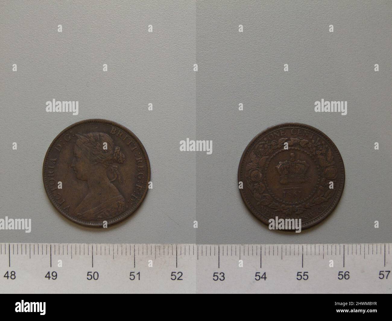 1 Cent mit Victoria, Königin von Großbritannien. Subject: Victoria, Queen of Great Britain, British, 1819–1901, regierte 1837–1901 Künstler: Leonard Charles Wyon, British, 1826–1891 Künstler: Charles F. Hill, Active ca. 1845 - 1850 Stockfoto