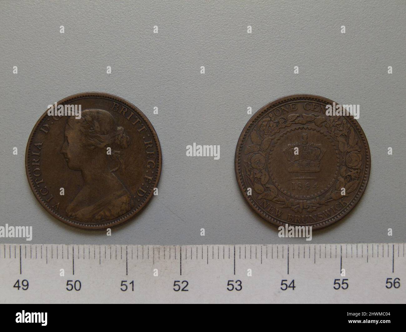 1 Cent mit Victoria, Königin von Großbritannien. Subject: Victoria, Queen of Great Britain, British, 1819–1901, regierte 1837–1901 Künstler: Leonard Charles Wyon, British, 1826–1891 Künstler: Charles F. Hill, Active ca. 1845 - 1850 Stockfoto