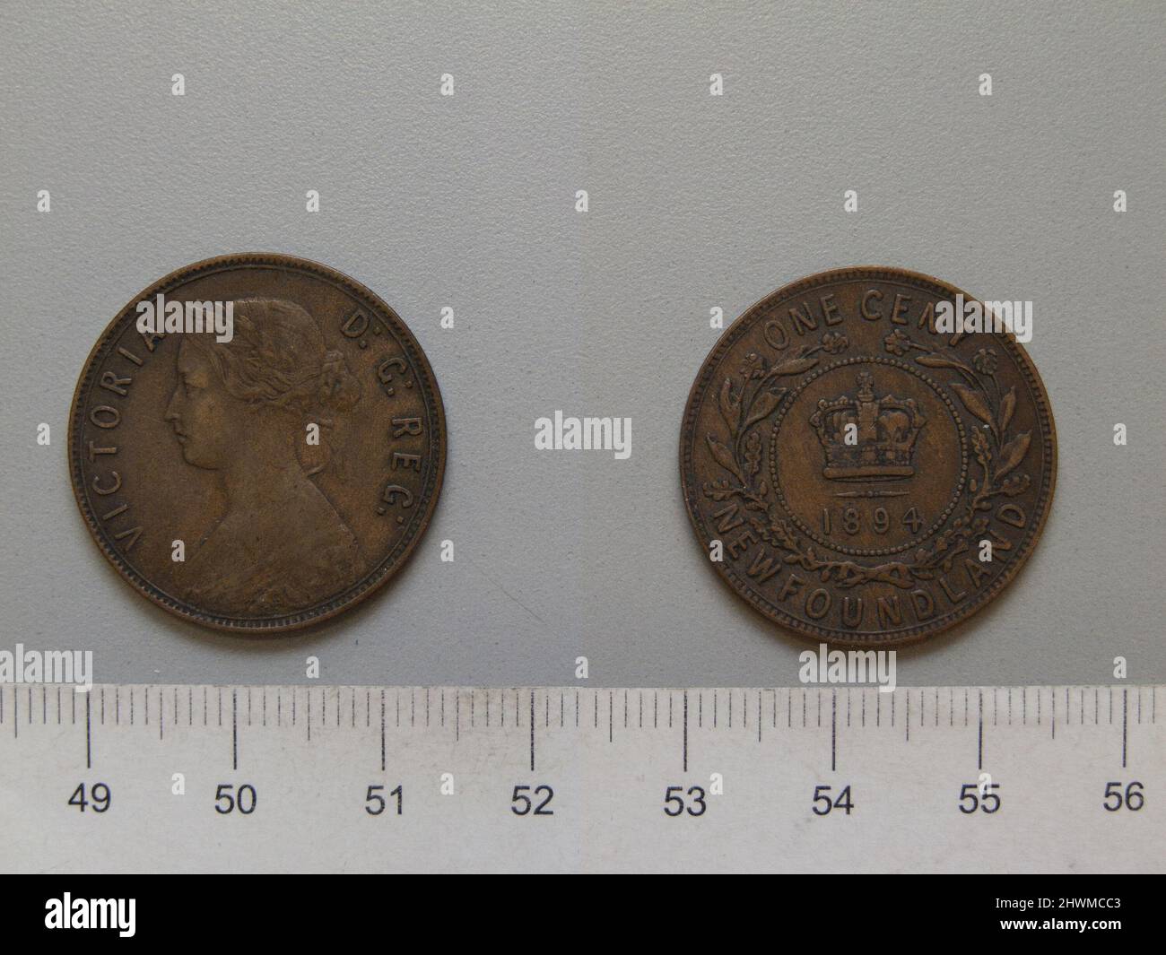 1 Cent mit Victoria, Königin von Großbritannien. Subject: Victoria, Queen of Great Britain, British, 1819–1901, ruled 1837–1901 Künstler: Horace Morehen Künstler: Leonard Charles Wyon, British, 1826–1891 Stockfoto
