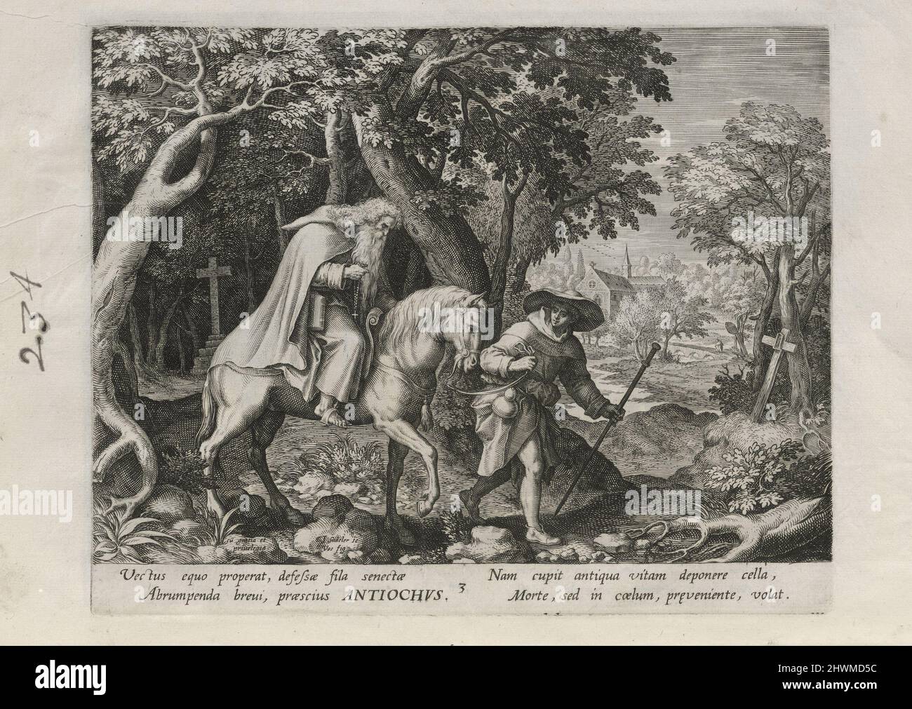 Antiochus, pl. 3 von 25 aus der Serie Trophaeum Vitae Solitariae (männliche Eremiten). Verlag: Johann Sadeler I, Flämisch, 1550–1600After: Maarten de Vos, Flämisch, 1532–1603Publisher: Rafael Sadeler I, Flämisch, 1560–1628 Stockfoto