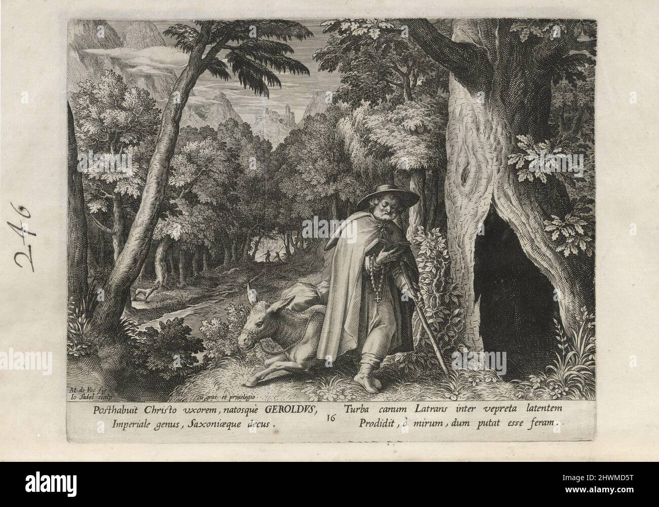 Geroldus, pl. 16 von 25 aus der Serie Trophaeum Vitae Solitariae (männliche Eremiten). Verlag: Johann Sadeler I, Flämisch, 1550–1600After: Maarten de Vos, Flämisch, 1532–1603Publisher: Rafael Sadeler I, Flämisch, 1560–1628 Stockfoto
