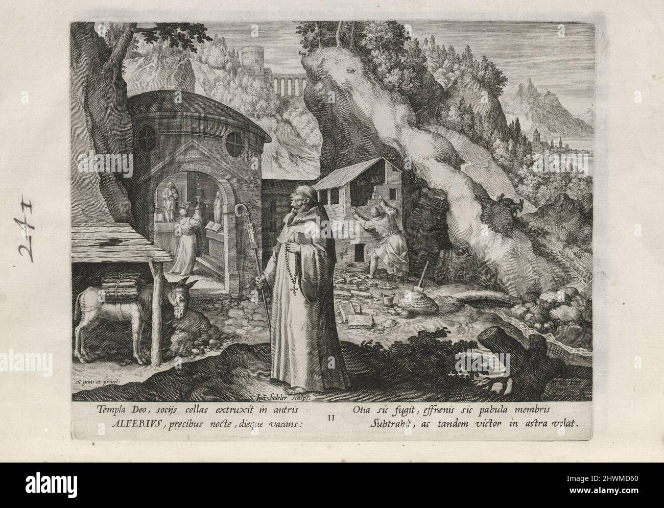 Alferius, pl. 11 von 25 aus der Serie Trophaeum Vitae Solitariae (männliche Eremiten). Verlag: Johann Sadeler I, Flämisch, 1550–1600After: Maarten de Vos, Flämisch, 1532–1603Publisher: Rafael Sadeler I, Flämisch, 1560–1628 Stockfoto