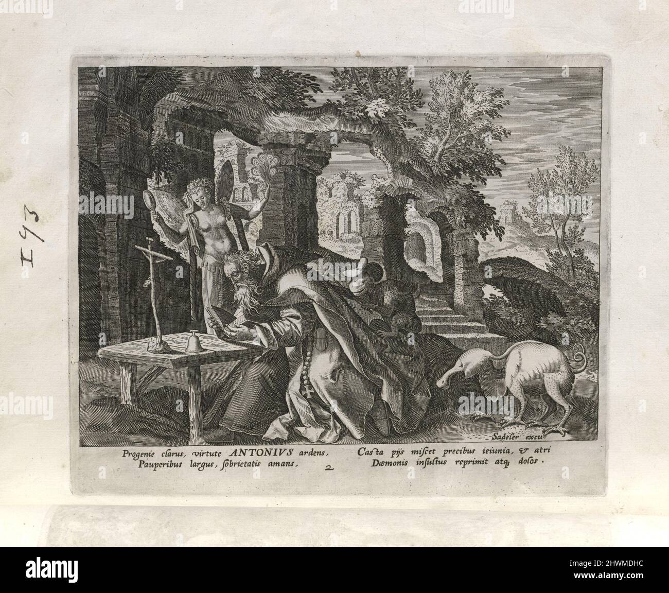 Anthony, pl. 2 von 29 aus der Serie Solitudo sive vitae patrum eremicolarum (männliche Eremiten). Kupferstecher: Unbekannt nach: Maarten de Vos, Flämisch, 1532–1603Publisher: Johann Sadeler I, Flämisch, 1550–1600Publisher: Rafael Sadeler I, Flämisch, 1560–1628 Stockfoto