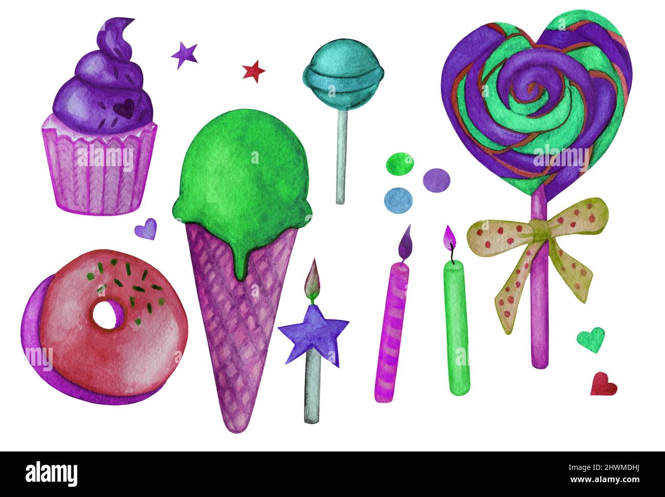 Clipart - Lollipop Eis Cupcake Kerze Stern. Aquarell Lebensmittel Illustration isoliert auf weiß. Design für Grußkarte, Stoff, Textil, Tapete Stockfoto