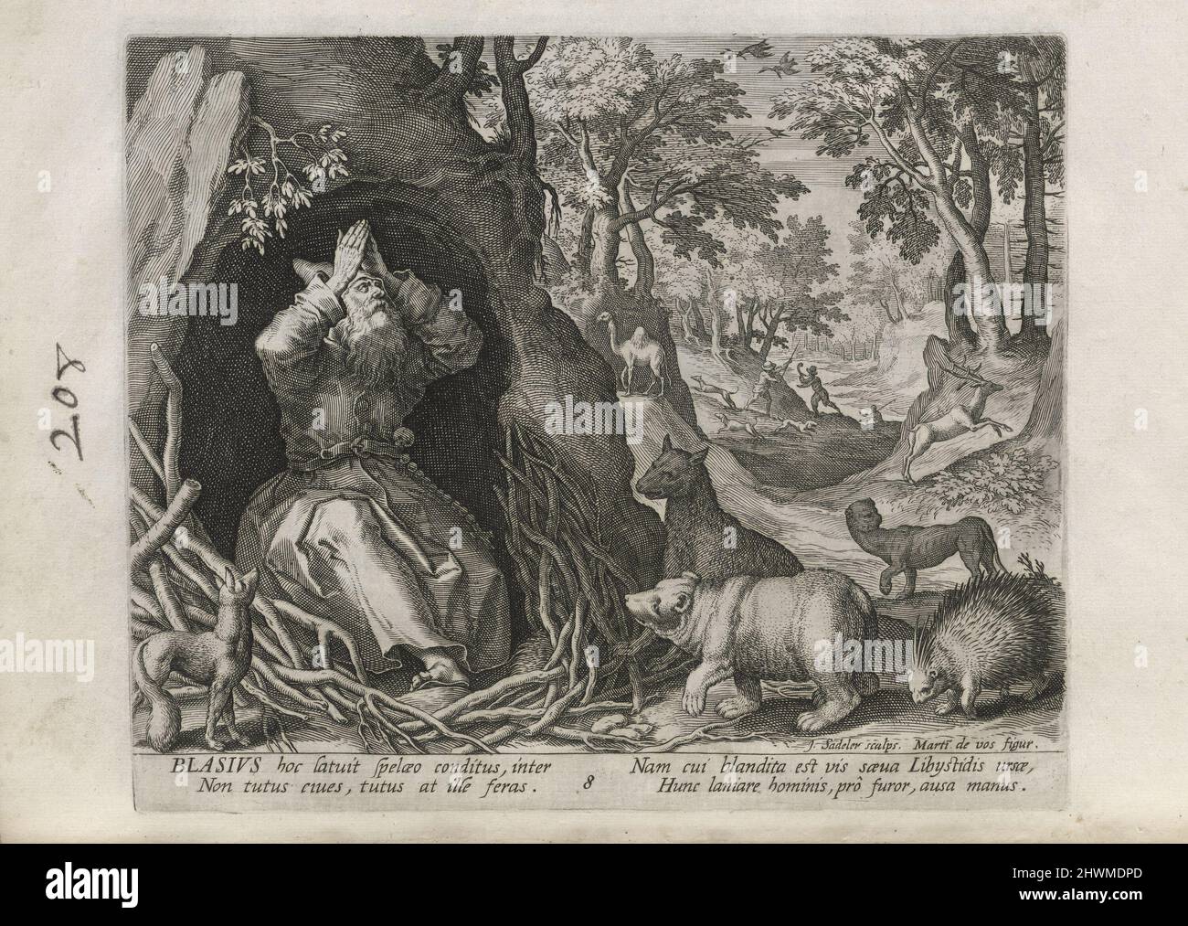Blasius, pl. 8 von 30 aus der Serie Sylvae Sacrae (Einsiedler in Landschaften). Verlag: Johann Sadeler I, Flämisch, 1550–1600After: Maarten de Vos, Flämisch, 1532–1603Publisher: Rafael Sadeler I, Flämisch, 1560–1628 Stockfoto