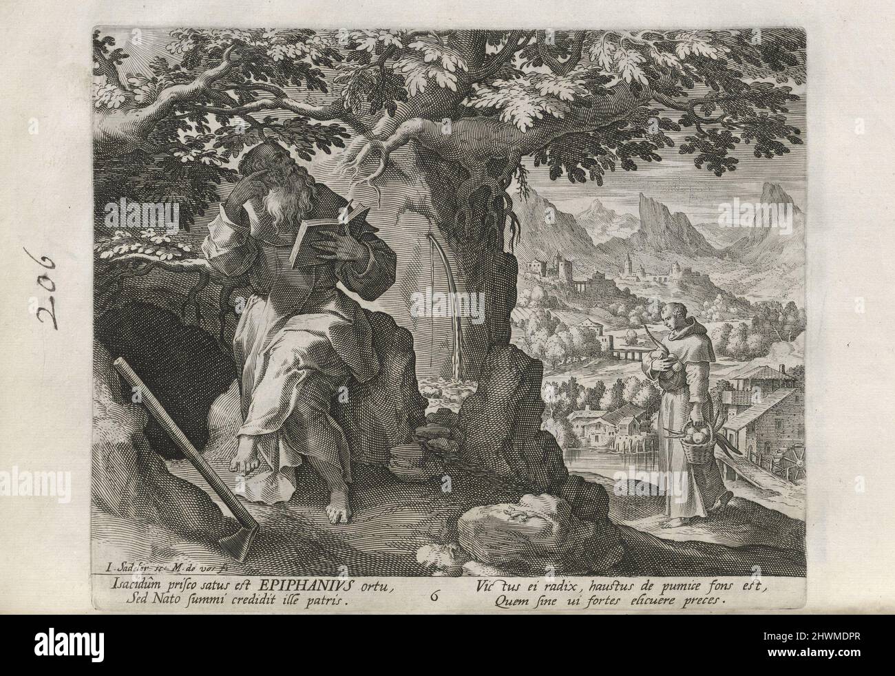 Epiphanius, pl. 6 von 30 aus der Serie Sylvae Sacrae (Einsiedler in Landschaften). Verlag: Johann Sadeler I, Flämisch, 1550–1600After: Maarten de Vos, Flämisch, 1532–1603Publisher: Rafael Sadeler I, Flämisch, 1560–1628 Stockfoto